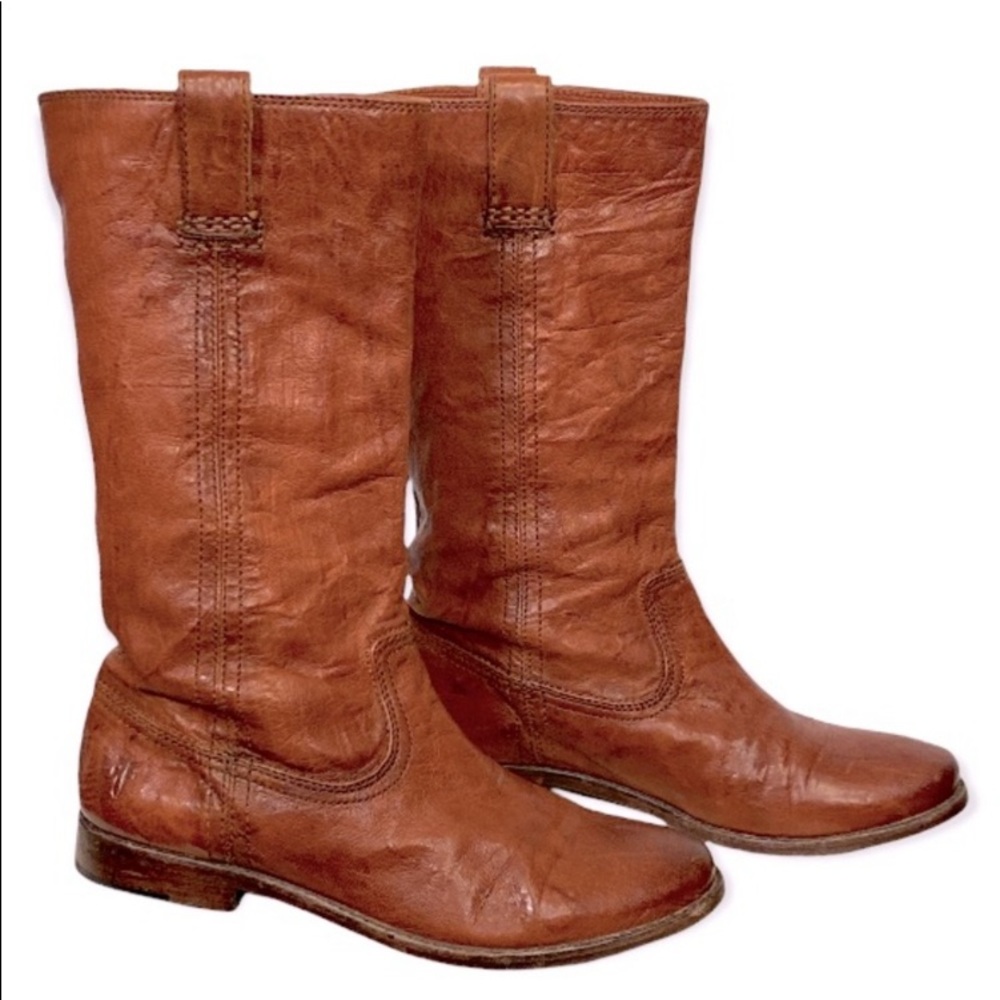FRYE Boots ANNA Rodeo Mid calf slouch Pull On Cognac Leather size 7